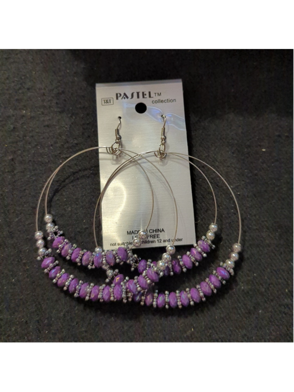 Pastel Collection Silver Tone Purple Beaded Hoop Dangle Statement Earrings